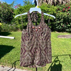 BCBGMAXAZRIA y2k Brown Babydoll Halter Wood Beaded Floral Print Top Size M